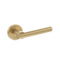 STATUS Nebraska Lever Door Handle on Round Rose - Satin Brass - Depth: 60mm, Height: 51mm, Width: 140mm
