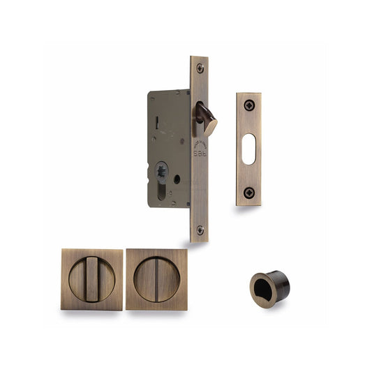 Sliding Lock with Square Privacy Turns - Antique Brass - 40 mm