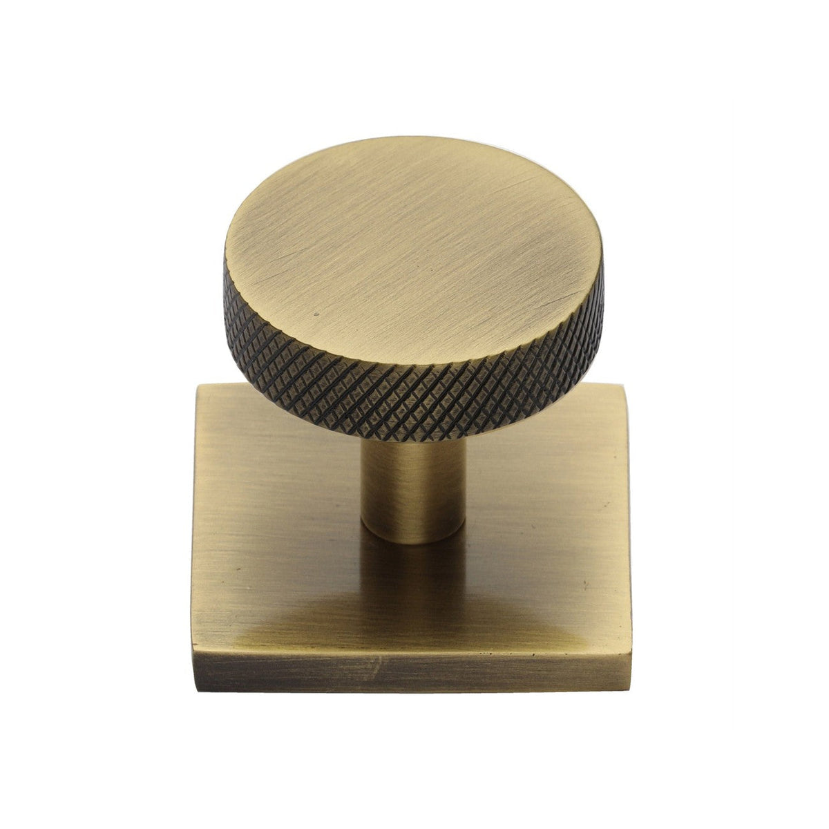 Knurled Disc Cabinet Knob with Square Backplate by M Marcus - Heritage Brass
