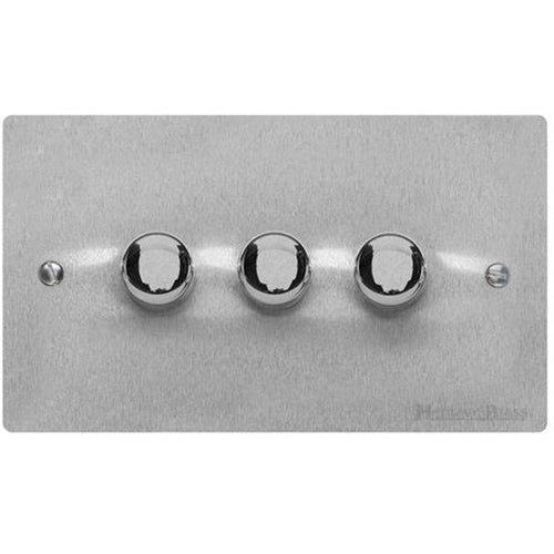 Elite Flat Plate Range Satin Chrome Switches & Sockets, T03 - 3 Gang TED Dimmer (Compatible with LED Lamps) by Heritage Brass By M-Marcus