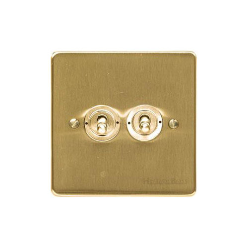 Elite Flat Plate Range Satin Brass Switches & Sockets, T04 - 2 Gang Toggle Switch by Heritage Brass By M-Marcus