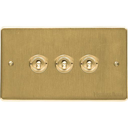 Elite Flat Plate Range Satin Brass Switches & Sockets, T04 - 3 Gang Toggle Switch by Heritage Brass By M-Marcus