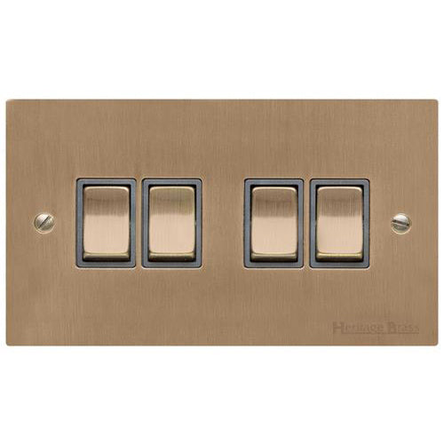 Elite Flat Plate Range Antique Brass Switches & Sockets, T91 - 4 Gang Rocker Switch by Heritage Brass By M-Marcus