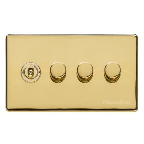 Vintage Range Polished Brass Switches & Sockets, X01 - 4G Mixed Toggle Dimmer Switch 1xToggle 3xTED by Heritage Brass By M-Marcus