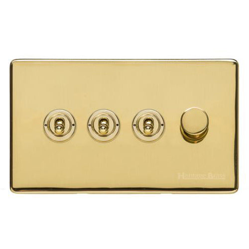 Vintage Range Polished Brass Switches & Sockets, X01 - 4G Mixed Toggle Dimmer Switch 3xToggle 1xTED by Heritage Brass By M-Marcus