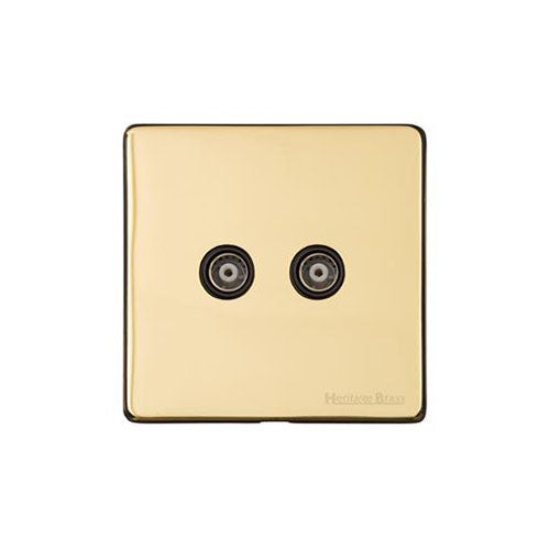 Vintage Range Unlacquered Polished Brass Switches & Sockets, XUL - 2 Gang TV Coaxial Socket by Heritage Brass By M-Marcus