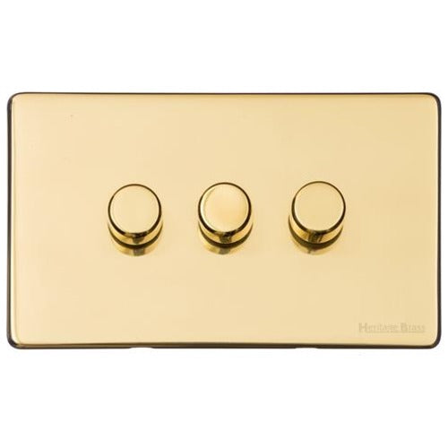 Vintage Range Unlacquered Polished Brass Switches & Sockets, XUL - 3 Gang Dimmer 250 watts (Compatible with halogen/ incandescent bulbs) by Heritage Brass By M-Marcus