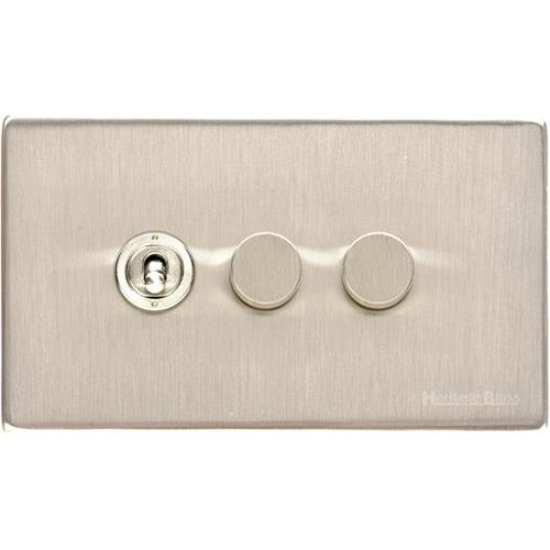 Vintage Range Satin Nickel Switches & Sockets, X05 - 3G Mixed Toggle Dimmer Switch 1xToggle 2xTED by Heritage Brass By M-Marcus