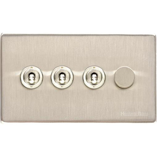 Vintage Range Satin Nickel Switches & Sockets, X05 - 4G Mixed Toggle Dimmer Switch 3xToggle 1xTED by Heritage Brass By M-Marcus