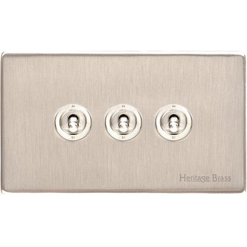 Vintage Range Satin Nickel Switches & Sockets, X05 - 3 Gang Toggle Switch by Heritage Brass By M-Marcus