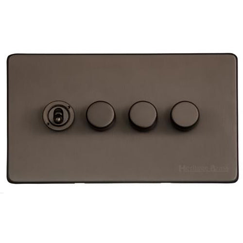 Vintage Range Matt Bronze Switches & Sockets, X09 - 4G Mixed Toggle Dimmer Switch 1xToggle 3xTED by Heritage Brass By M-Marcus