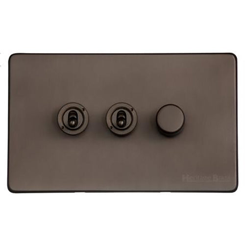 Vintage Range Matt Bronze Switches & Sockets, X09 - 3G Mixed Toggle Dimmer Switch 2xToggle 1xTED by Heritage Brass By M-Marcus
