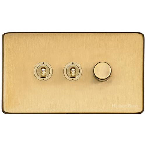 Vintage Range Satin Brass Switches & Sockets, X44 - 3G Mixed Toggle Dimmer Switch 2xToggle 1xTED by Heritage Brass By M-Marcus