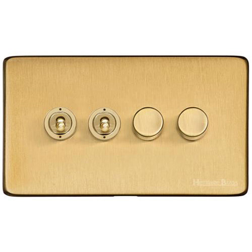 Vintage Range Satin Brass Switches & Sockets, X44 - 4G Mixed Toggle Dimmer Switch 2xToggle 2xTED by Heritage Brass By M-Marcus