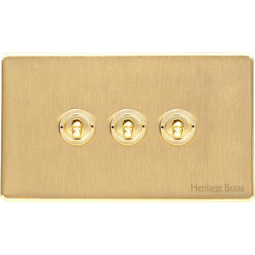 Vintage Range Satin Brass Switches & Sockets, X44 - 3 Gang Toggle Switch by Heritage Brass By M-Marcus