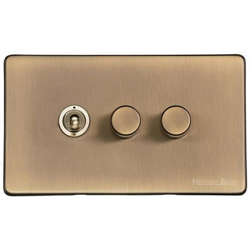 Vintage Range Antique Brass Switches & Sockets, X91 - 3G Mixed Toggle Dimmer Switch 1xToggle 2xTED by Heritage Brass By M-Marcus