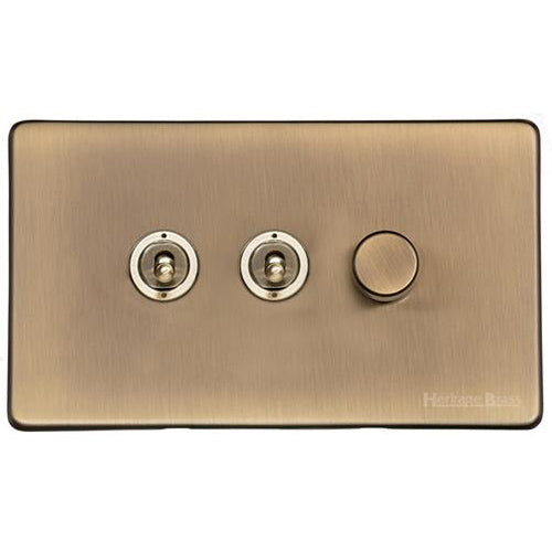 Vintage Range Antique Brass Switches & Sockets, X91 - 3G Mixed Toggle Dimmer Switch 2xToggle 1xTED by Heritage Brass By M-Marcus