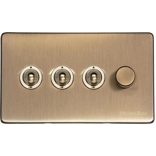 Vintage Range Antique Brass Switches & Sockets, X91 - 4G Mixed Toggle Dimmer Switch 3xToggle 1xTED by Heritage Brass By M-Marcus