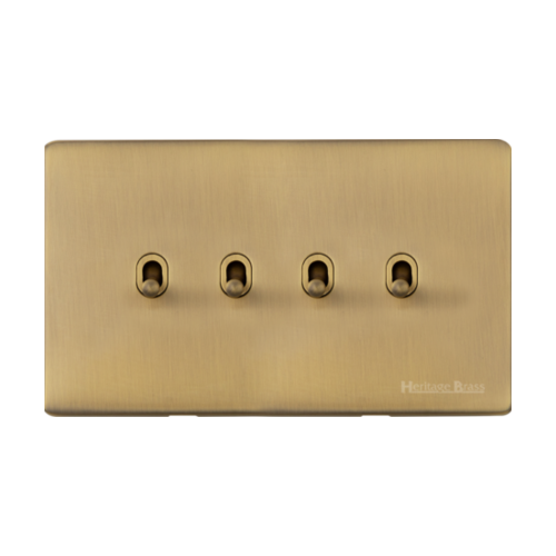 Vintage Range Antique Brass Switches & Sockets, X91 - 4 Gang Stockholm Toggle by Heritage Brass By M-Marcus