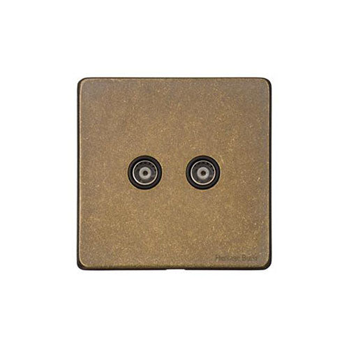Vintage Range Rustic Brass Switches & Sockets, XRB - 2 Gang TV Coaxial Socket by Heritage Brass By M-Marcus