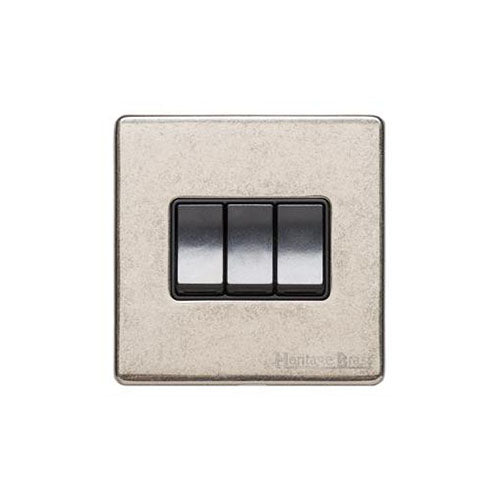 Vintage Range Rustic Nickel Switches & Sockets, XRN - 3 Gang Rocker Switch by Heritage Brass By M-Marcus