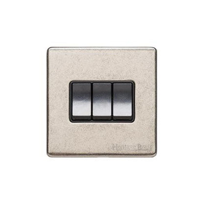 Vintage Range Rustic Nickel Switches & Sockets, XRN - 3 Gang Rocker Switch by Heritage Brass By M-Marcus