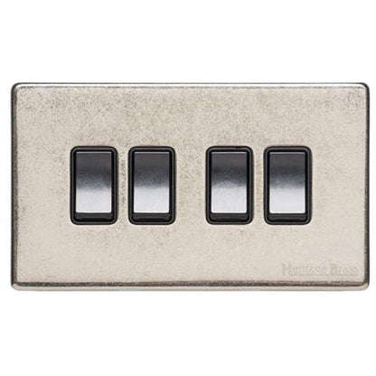 Vintage Range Rustic Nickel Switches & Sockets, XRN - 4 Gang Rocker Switch by Heritage Brass By M-Marcus