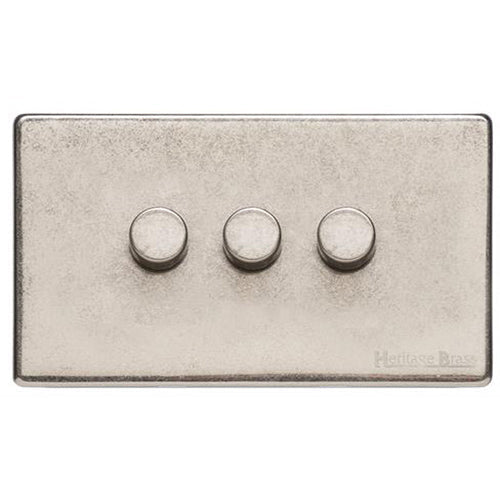 Vintage Range Rustic Nickel Switches & Sockets, XRN - 3 Gang Dimmer 250 watts (Compatible with halogen/ incandescent bulbs) by Heritage Brass By M-Marcus