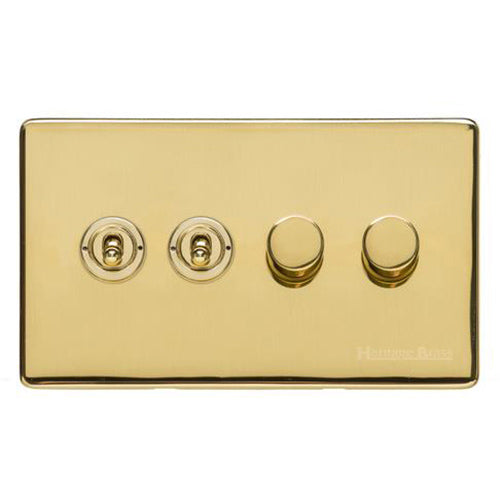 Studio Range Polished Brass Switches & Sockets, Y01 - 4G Mixed Toggle Dimmer Switch 2xToggle 2xTED by Heritage Brass By M-Marcus