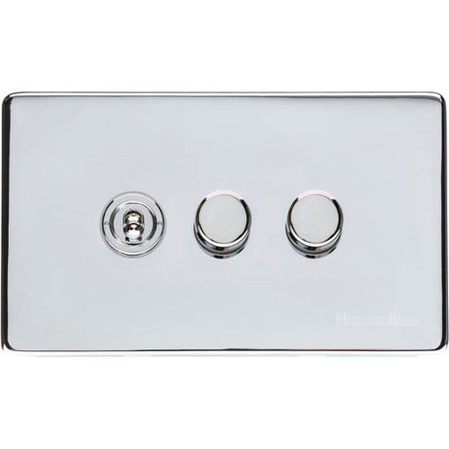 Studio Range Polished Chrome Switches & Sockets, Y02 - 3G Mixed Toggle Dimmer Switch 1xToggle 2xTED by Heritage Brass By M-Marcus