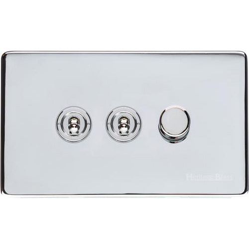 Studio Range Polished Chrome Switches & Sockets, Y02 - 3G Mixed Toggle Dimmer Switch 2xToggle 1xTED by Heritage Brass By M-Marcus
