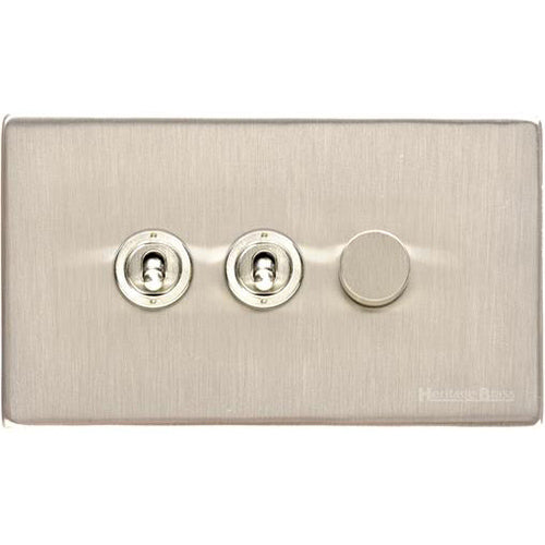 Studio Range Satin Nickel Switches & Sockets, Y05 - 3G Mixed Toggle Dimmer Switch 2xToggle 1xTED by Heritage Brass By M-Marcus