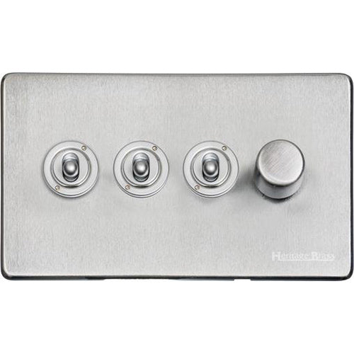 Studio Range Satin Chrome Switches & Sockets, Y33 - 4G Mixed Toggle Dimmer Switch 3xToggle 1xTED by Heritage Brass By M-Marcus