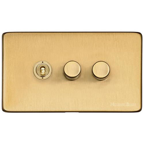 Studio Range Satin Brass Switches & Sockets, Y44 - 3G Mixed Toggle Dimmer Switch 1xToggle 2xTED by Heritage Brass By M-Marcus