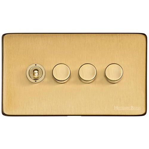 Studio Range Satin Brass Switches & Sockets, Y44 - 4G Mixed Toggle Dimmer Switch 1xToggle 3xTED by Heritage Brass By M-Marcus