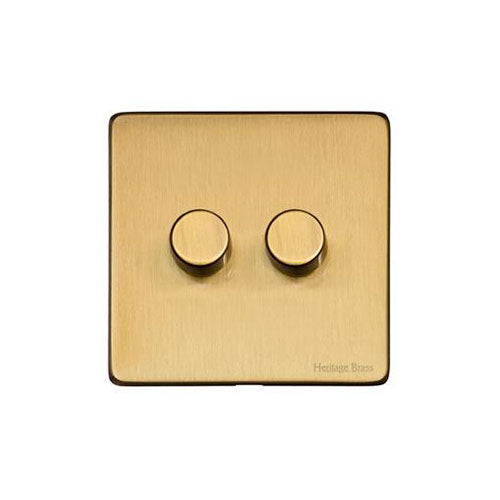 Studio Range Satin Brass Switches & Sockets, Y44 - 2 Gang Dimmer 400 watts (Compatible with halogen/ incandescent bulbs) by Heritage Brass By M-Marcus