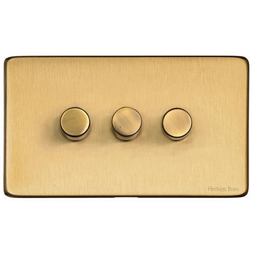 Studio Range Satin Brass Switches & Sockets, Y44 - 3 Gang Dimmer 250 watts (Compatible with halogen/ incandescent bulbs) by Heritage Brass By M-Marcus