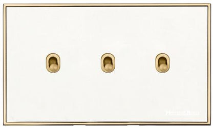 Executive Range Matt White with Polished Brass, EX10 - 3 Gang Stockholm Toggle