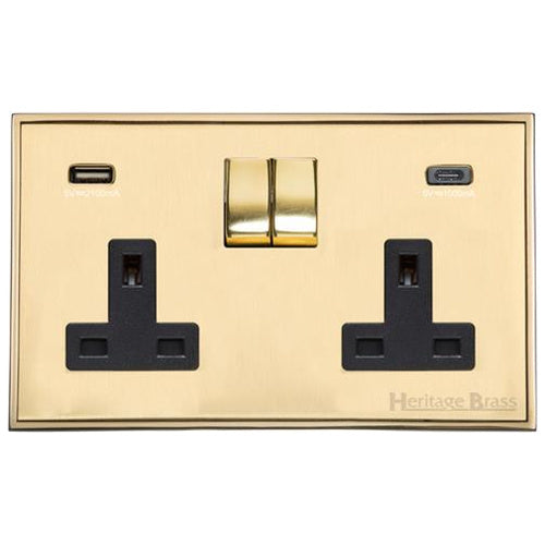 Executive Range Satin Brass with Polished Brass Switches & Sockets, EX14 - 2G 13A Socket with USB-A+C by Heritage Brass By M-Marcus