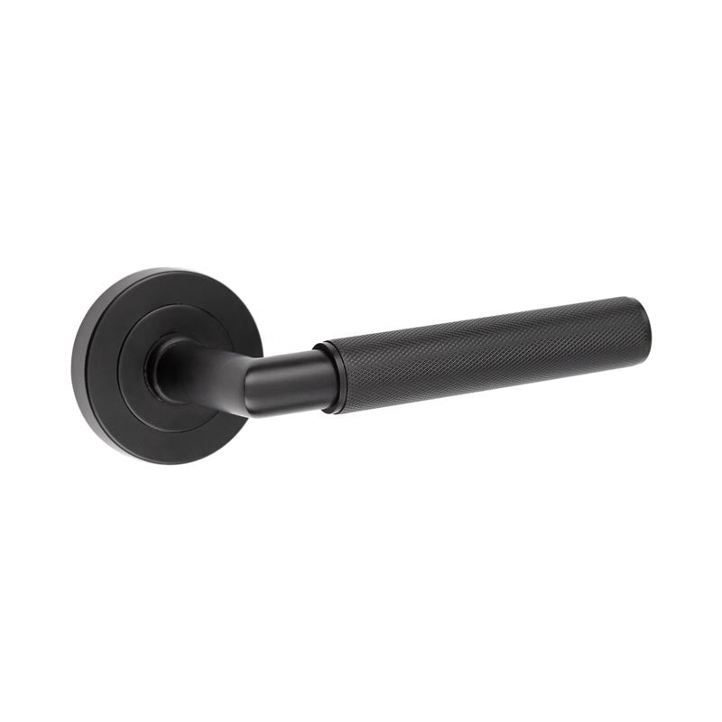 Frelan, Nero Mitred Knurled Door Handle on Rose Matt Black, Door Handles, Lever Handles On Round Rose